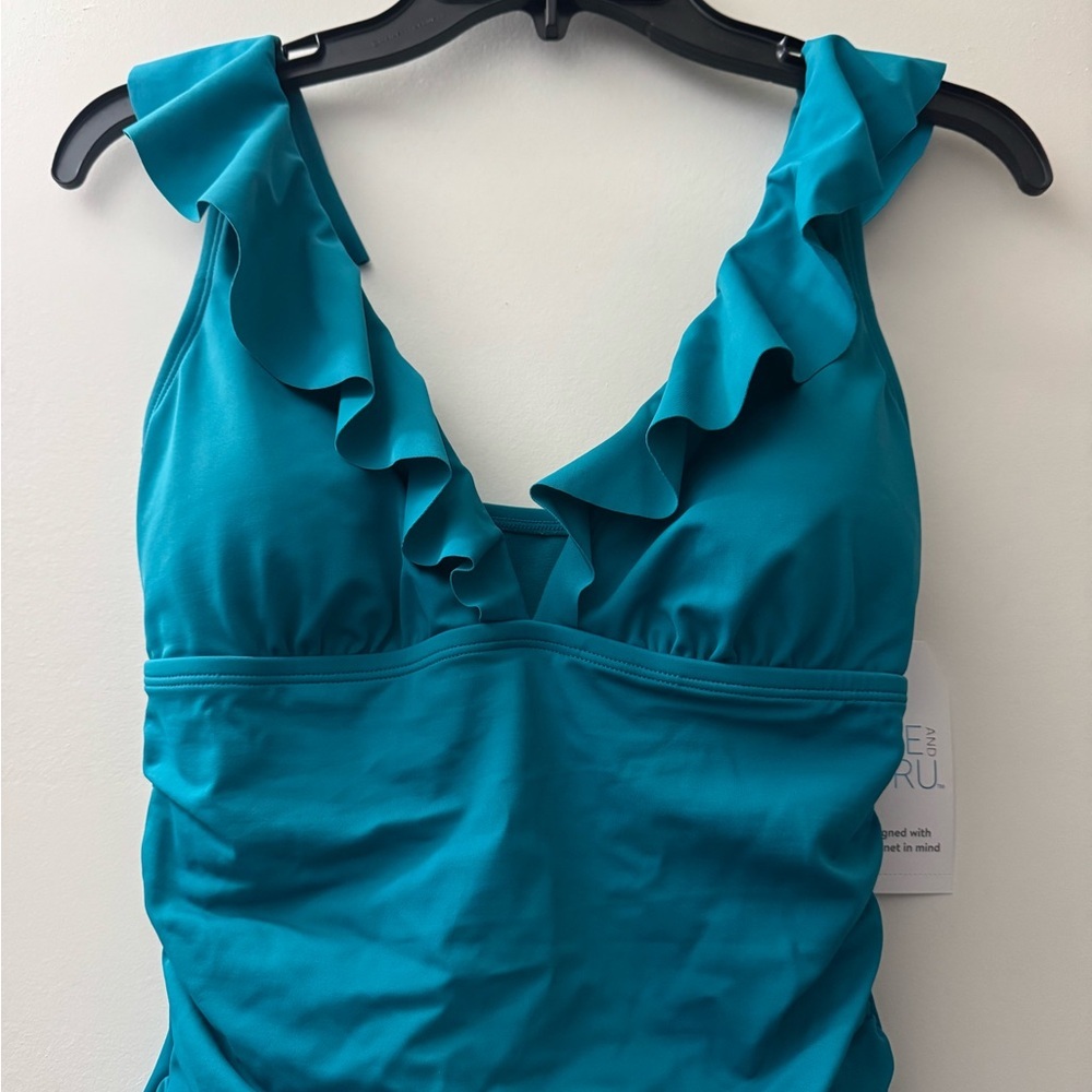 Time and Tru Teal Ruffled One Piece Swimsuit - Picture 2 of 5